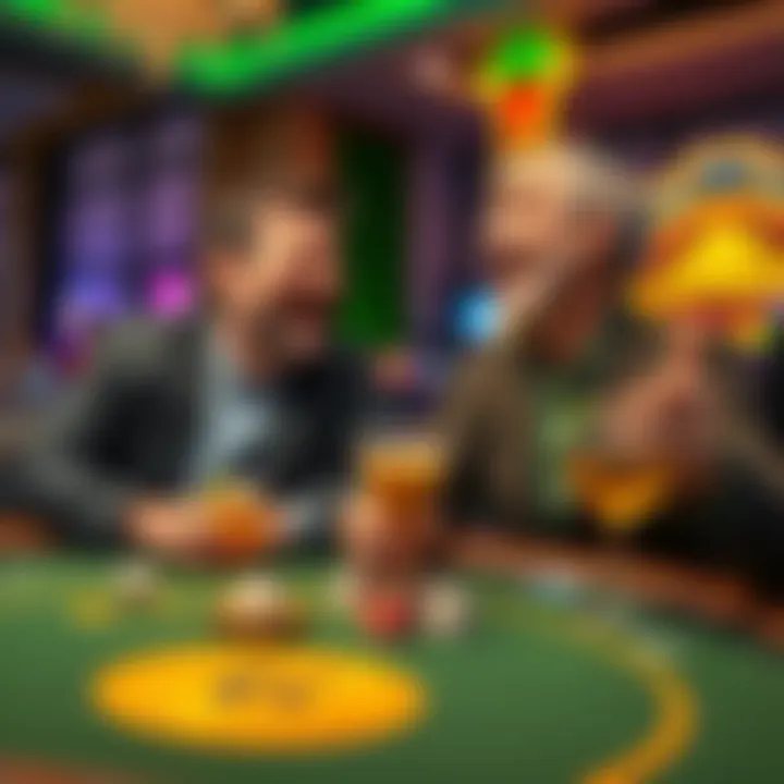 A father and son laughing at a casino table with dice and drinks on St. Patrick’s Day in Las Vegas.
