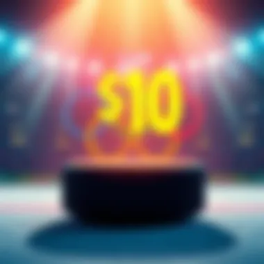 A hockey puck in front of an Olympic logo with a $10 symbol