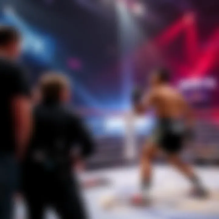 Merab Yan fight scene Merab Yan in the octagon during a fight, with fans watching in the background and a betting booth visible, illustrating the issue of betting restrictions in Massachusetts.