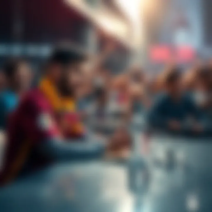 Lionel Messi sitting at a table, engaged in conversation about his career with fans in the background showing excitement.
