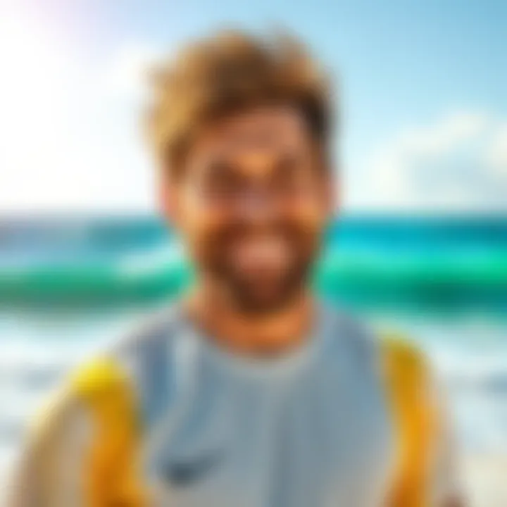 Messi smiling on a sunny beach, celebrating his retirement plans with a backdrop of ocean waves and palm trees