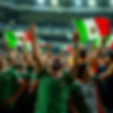 A group of passionate Mexico football fans in green jerseys, cheering and waving flags during a match, showing excitement and loyalty.