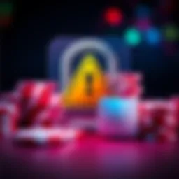 A graphic displaying a warning symbol alongside casino chips and a lock, representing a security breach in gambling licenses.