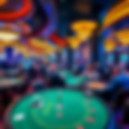A vibrant casino scene showcasing poker and roulette tables filled with players enjoying games at MGM.