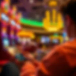 A person looking at a smartphone displaying MGM rewards points while sitting in a casino, contemplating strategies to earn points before a Vegas trip.