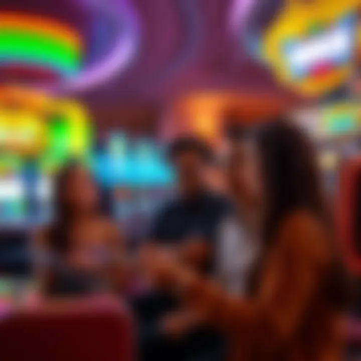 A group of friends discussing MGM Gold Status match options in a casino setting with slot machines in the background.