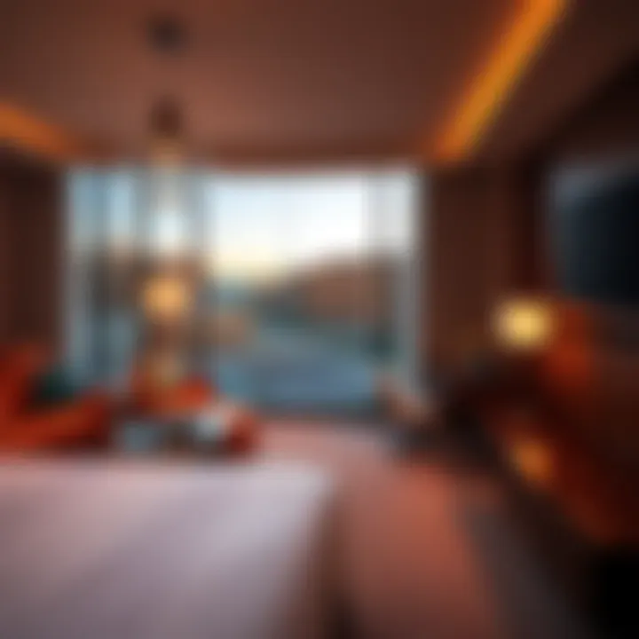 A luxurious hotel room with modern decor, showcasing amenities and a view of the MGM Park grounds.