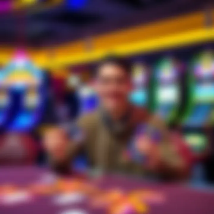 MGM Rewards Freeplay Offers A person at a casino table smiling while holding MGM Rewards cards and promotional flyers, with colorful slot machines in the background.