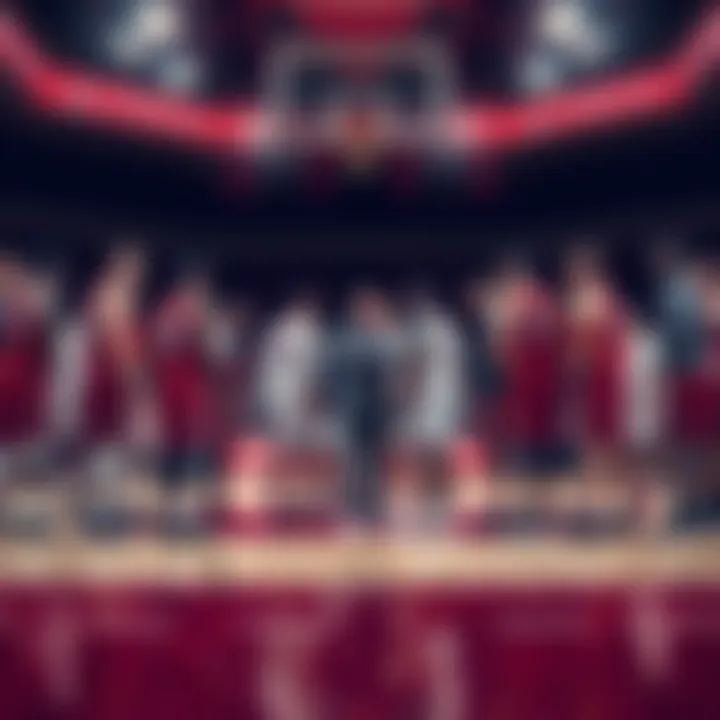 Miami Ohio players gather around their coach during a timeout on the court