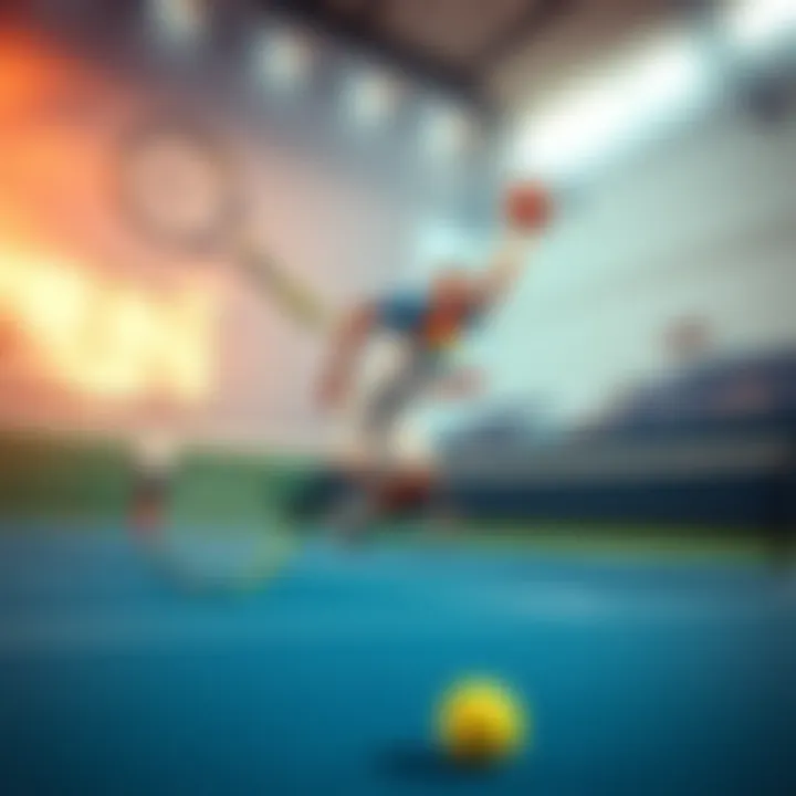 A tennis player serves a ball on a court while a basketball player rebounds a missed shot in the background, symbolizing the excitement of March Madness.