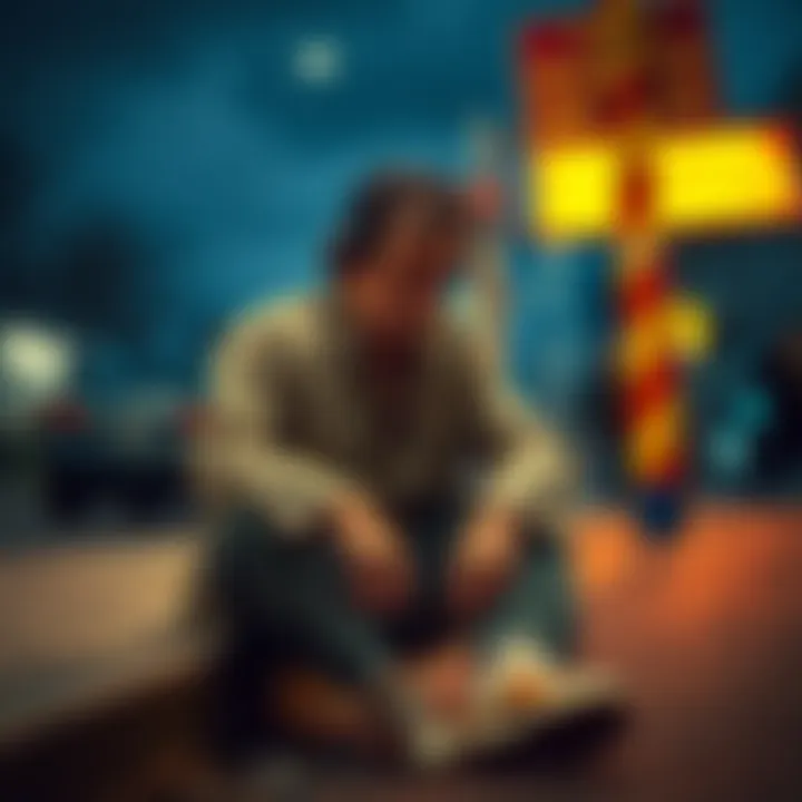 A once-famous figure, now looking disheveled and lost, sitting on a curb with a somber expression, reflecting his fall from grace.
