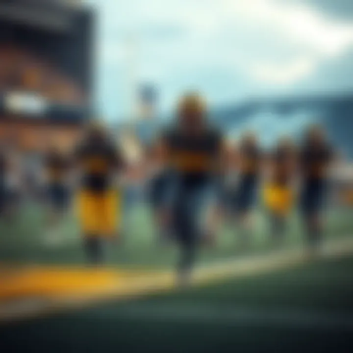 Michigan football players running on the field during a game