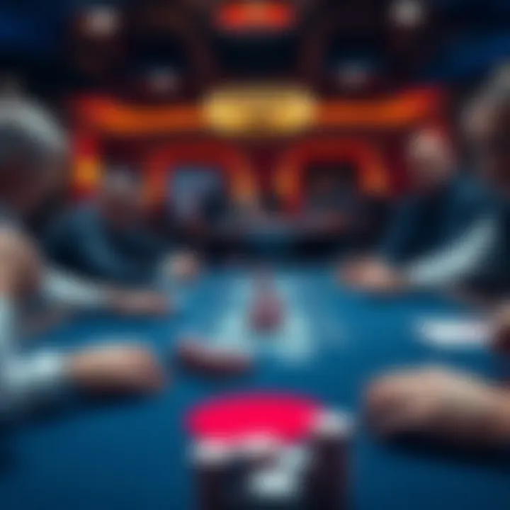A poker table with players engaged in serious gameplay, focusing on low-stakes poker chips and cards