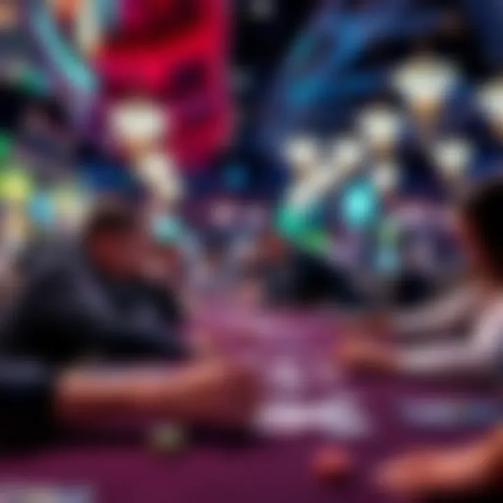 Players engaged in a Pot-Limit Omaha card game at a bustling casino, with chips and cards on the table.