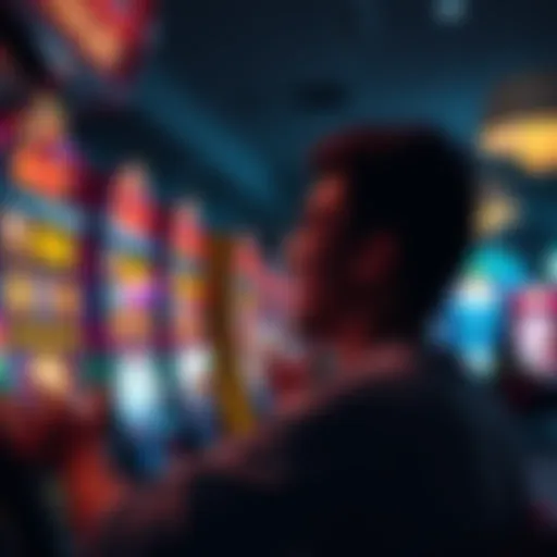 Late-night gambling session A person excitedly looking at a slot machine display showing big winnings during a midnight session.