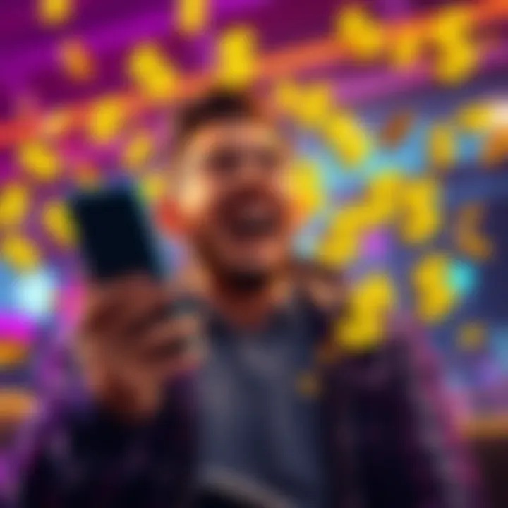 A person excitedly checking their rewards on a smartphone with dollar signs around them