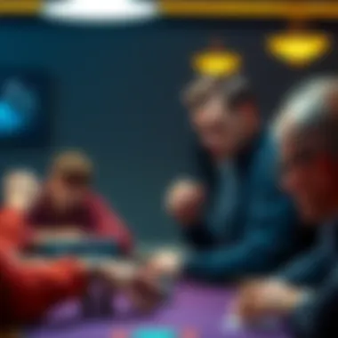 A focused poker player observing his opponents at a table, analyzing their expressions and movements.
