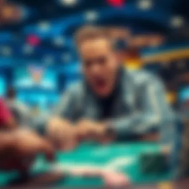 Mike the Mouth playing poker at a high-stakes tournament, surrounded by chips and cards