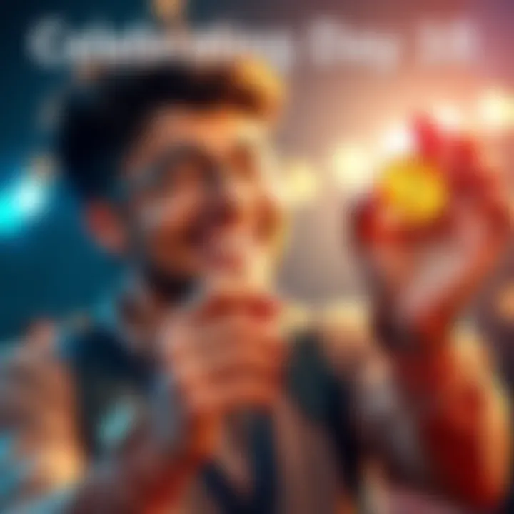 A person joyfully holding a gold coin while celebrating a milestone with a bright smile, symbolizing success and progress.