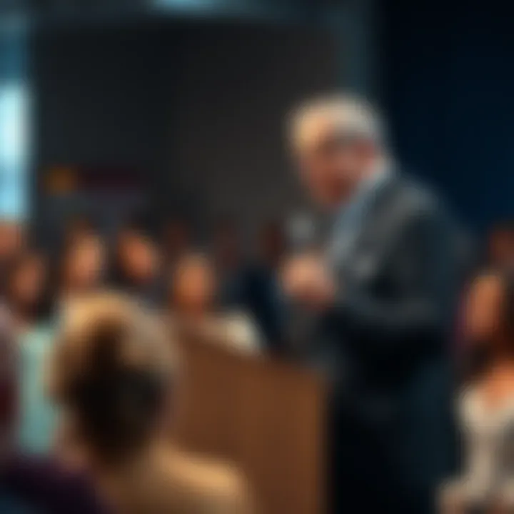 Milwaukee mayor giving a speech at a community event with residents listening attentively.