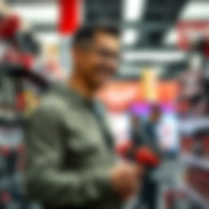Individual browsing local deals on Milwaukee tools, smiling with tools in hand, showcasing a positive change from gambling to savings.