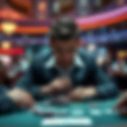 A person sitting at a casino table, focusing intensely on the players around them as they appear to read minds, with chips and cards in front.