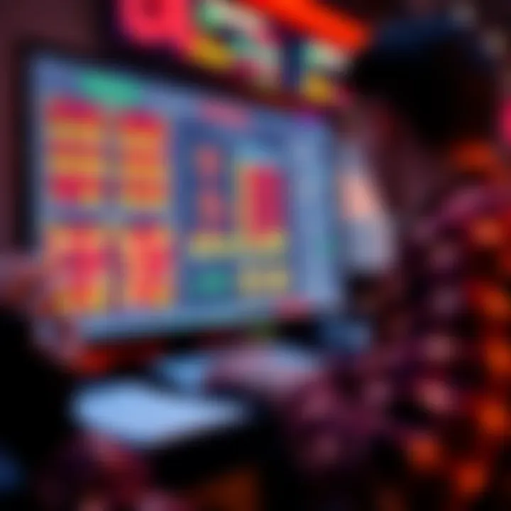 Mines Game Strategy A player analyzing past winning patterns in a mines game on a computer screen, looking at data and strategy notes.