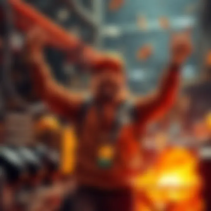 A person celebrating a big win after investing a small tax refund in mining, surrounded by mining equipment and cash.