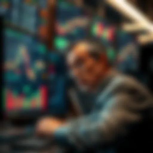 A businessman looking stressed while staring at fluctuating stock charts on a computer screen, representing a failed hedge opportunity.