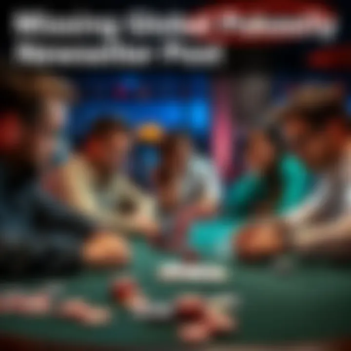 A group of anxious poker players discussing the missing password for the Global Poker Weekly newsletter, with poker chips and cards on the table