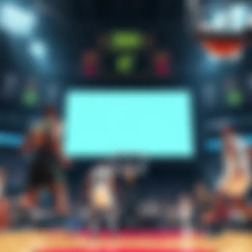 A basketball game scene showing players in action but the scoreboard is blank, indicating missing scoring stats like points and assists.