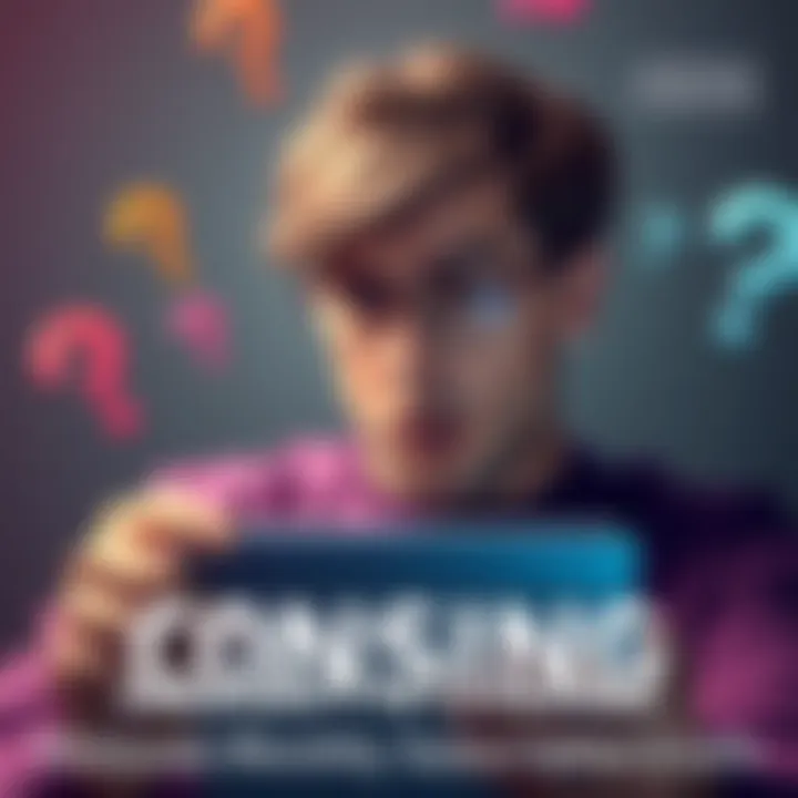 A frustrated person looking at their email with confusion, surrounded by question marks