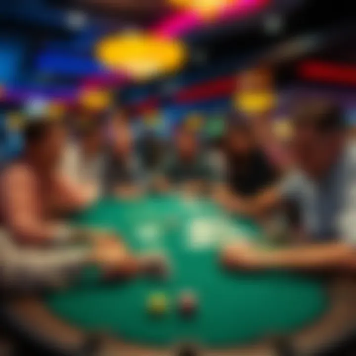 Playing Mississippi Stud at a casino table A group of people enjoying a game of Mississippi Stud poker at a casino in Lake Charles, with cards and chips on the table