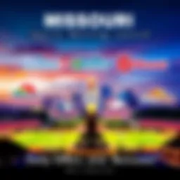 A graphic showing various sports betting logos and promotional offers from sportsbooks in Missouri, set against a backdrop of Missouri's skyline.