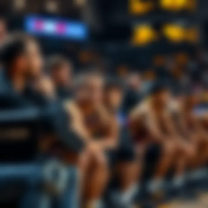 Members of the Missouri basketball team looking frustrated after a tough game loss, with players sitting on the bench and fans in the background