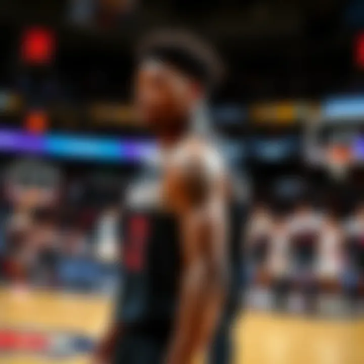 Mitchell Robinson looks focused on the basketball court during a game, with teammates in the background and fans cheering.
