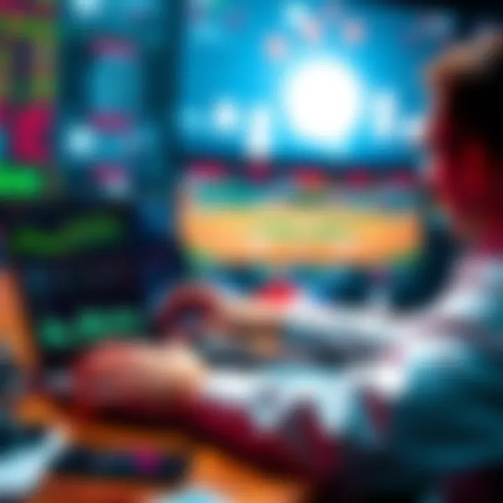 A person analyzing statistics and betting odds on a laptop with baseball graphics in the background.