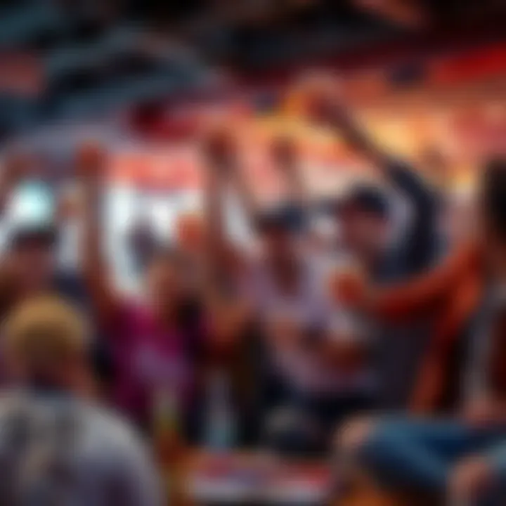 A group of people celebrating small wins from MLB betting, holding drinks and cheering with sports memorabilia around them.