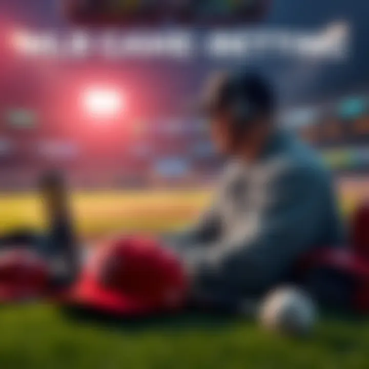 MLB Game Day Betting A sports bettor analyzing statistics and matchups for MLB games on a laptop with baseball gear around