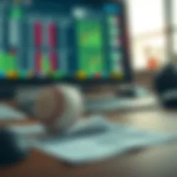 A baseball and a betting slip on a table with a computer showing game stats in the background.