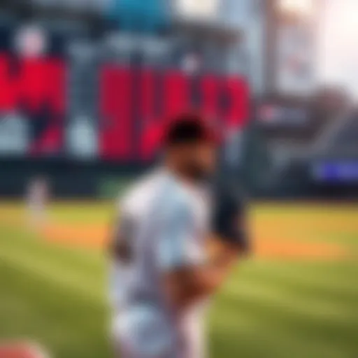 A baseball player preparing to pitch with a scoreboard in the background showing game stats and betting odds.