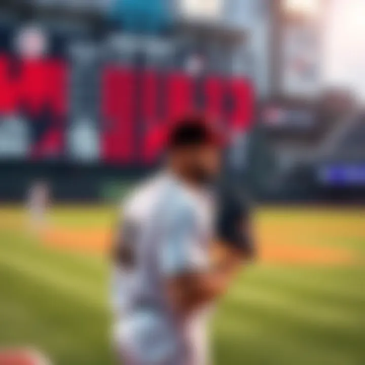 A baseball player preparing to pitch with a scoreboard in the background showing game stats and betting odds.