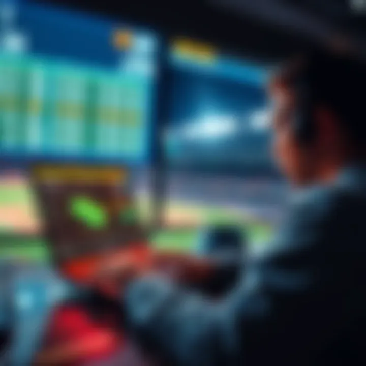 A person analyzing MLB betting picks on a laptop with baseball graphics in the background, showing odds and stats.