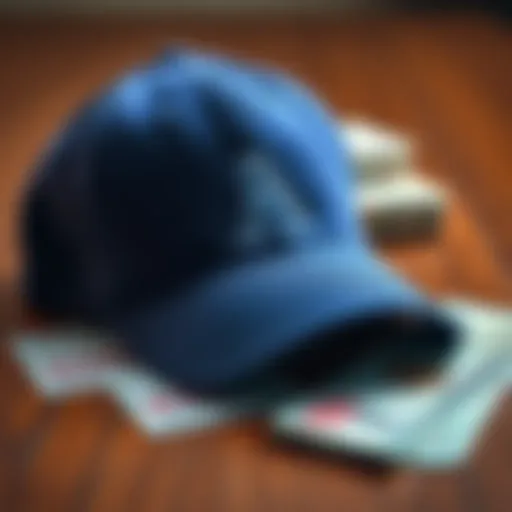 A close-up of a baseball cap, cash, and betting tickets on a wooden table, symbolizing MLB betting strategies and insights.