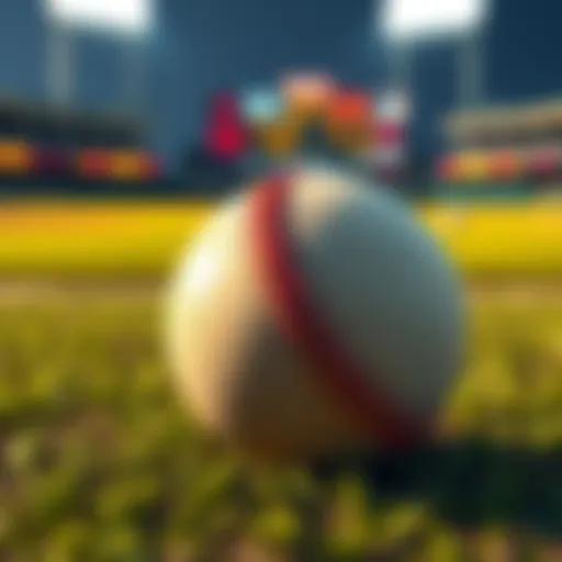 A baseball field with betting odds displayed and a baseball in the foreground