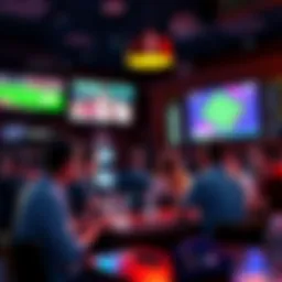 A group of people discussing MLB betting strategies at a sports bar, with screens showing baseball games in the background.