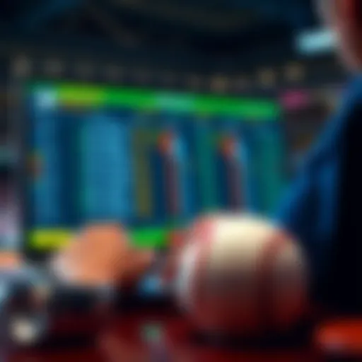 A person analyzing baseball games on a laptop, with betting odds displayed on the screen and a baseball in the foreground.