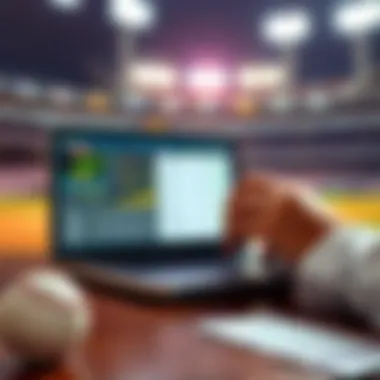 MLB Betting Strategies A baseball betting scene with a person studying stats and odds on a laptop with a baseball and betting slip in the foreground.