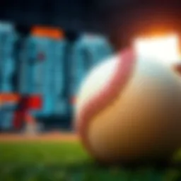 A close-up of a baseball with betting odds displayed on a scoreboard in the background, showing a lively sports atmosphere.
