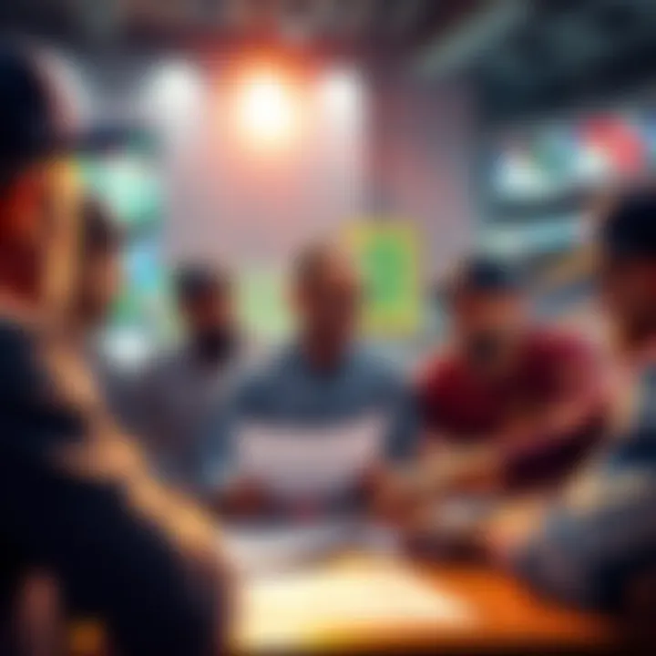 A group of people discussing MLB betting strategies with charts and sportsbooks in view
